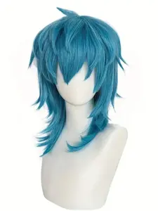 Artificial medium-length straight blue Salic cosplay hairstyle with bangs - heat-resistant synthetic wig perfect for Halloween Christmas birthday costumes and festival decorations anime hairstyle cosplay hairstyle Synthetic Material Wigs