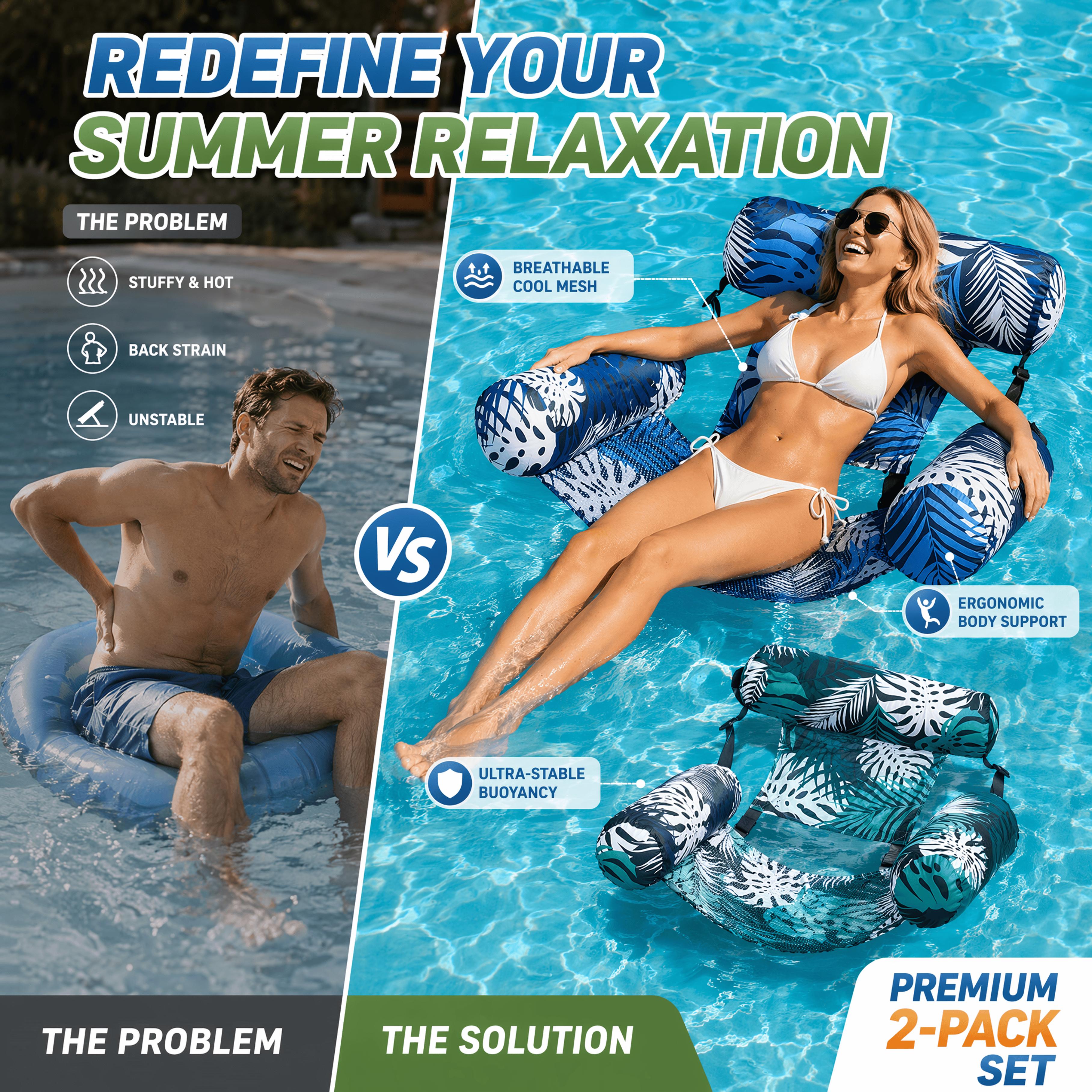 2-Pack Inflatable Pool Hammock Lounger, Floating Chair with Ergonomic Backrest, Adult Water Float Seat for Pool Lake Beach, Lightweight Foldable Lounge for Summer Hangouts & All Day Water Comfort, Pool Floats, Floats For Pool