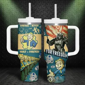 Fallout Vault Boy 40oz Tumbler with Handle and Straw | Power Armor Vault-Tec Insulated Mug | Surface Never Vault Forever | Gamer Gift Merch US Shop