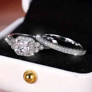 2-Piece Luxury Square Cubic Zirconia Wedding Ring Set, Women’s Promise Engagement Bridal Jewelry, Perfect for Valentine's Day Proposal and Mother's Day Gift