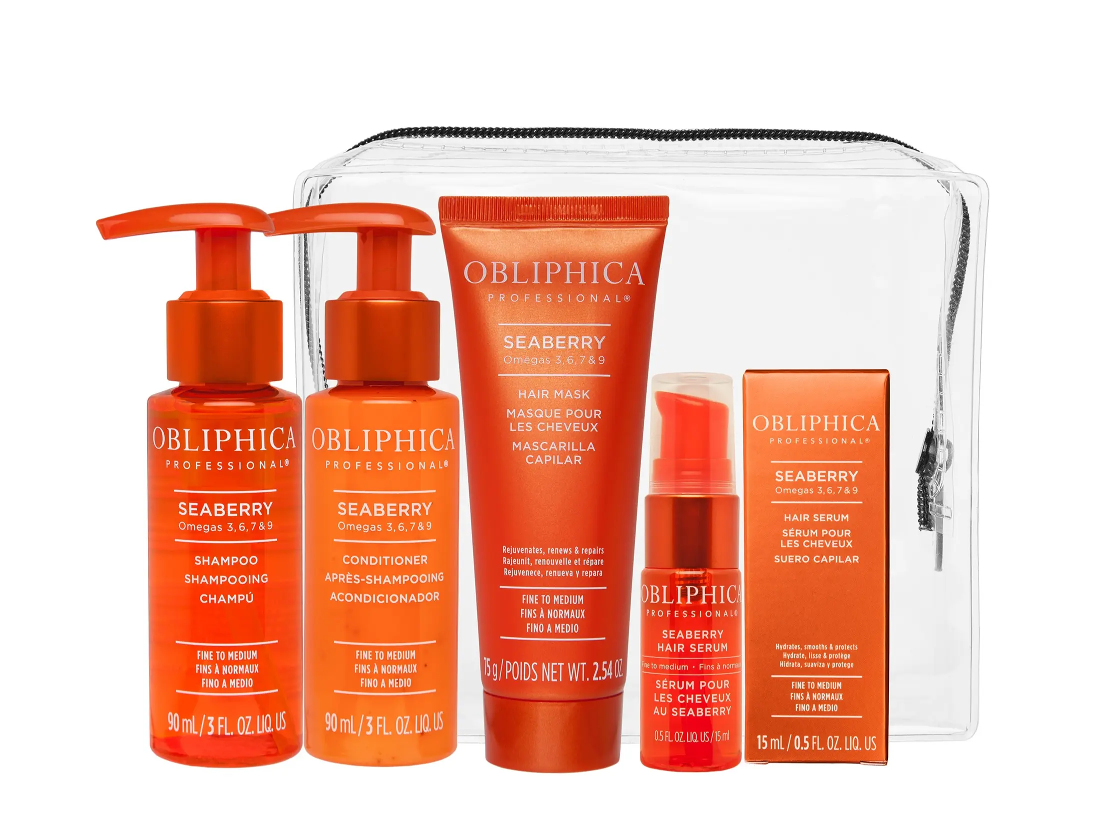 OBLIPHICA Seaberry 4PC Travel Kit for Fine to Medium Hair - Shampoo, Conditioner, Mask, Serum - TSA Approved - Nourishing & Shine Enhancing - TSA Approved, Lightweight Hydration