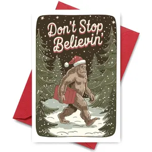 Sasquatch Winter Christmas Card - "Don't Stop Believin'" Motto | Starry Snow Night, Red Gift Box Carry, Suitable for Cryptid Lovers, Unique Holiday Greetings