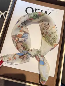 Fairy Tale Rabbit Silk Scarf for Women, Small Square Cartoon Versatile Fashion Skin Show Headscarf Neck Protection Warm Wrap Boho Style Scarf, Boho Shawl, Printed Polyester Scarf