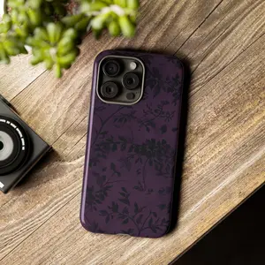 Deep Purple Botanical Shadow Tough Phone Case, MagSafe Dual Layer Shockproof Protection, Protective Cover For iPhone 11–17 Pro Max, Moody Floral Aesthetic Style, Stylish Gift For Her and Him
