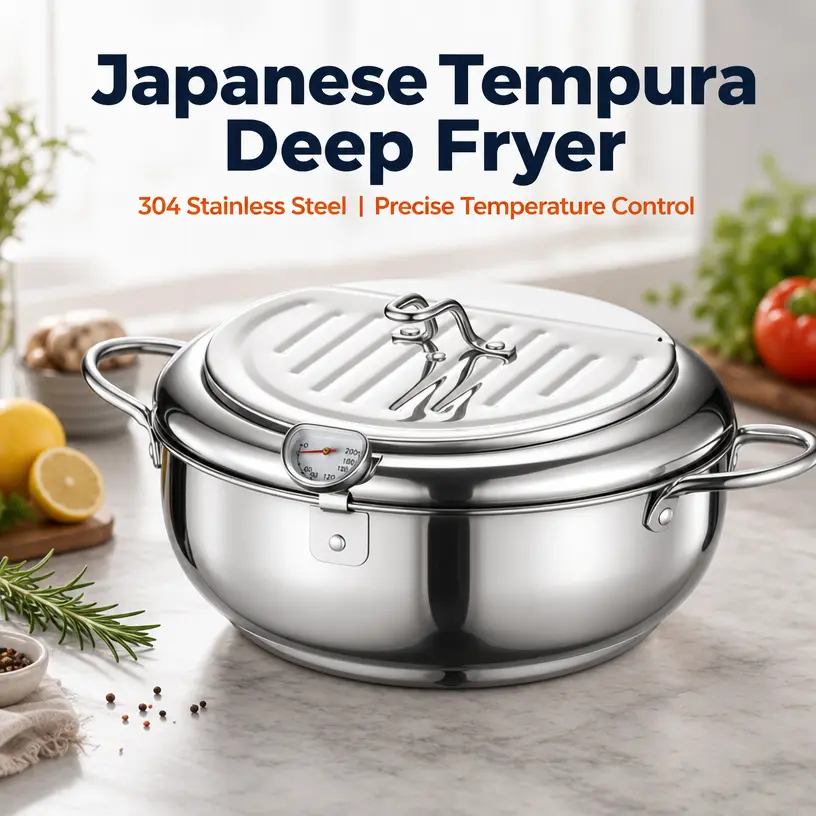 304 Grade Stainless Steel Countertop Oil Fryer Pot - Japanese Style Deep Fryer Kit, with Thermometer, Oil Drip Drainer Rack, Temp Control, Induction & Gas Stove Safe, Kitchen Accessories for French Fries, Chicken Wings