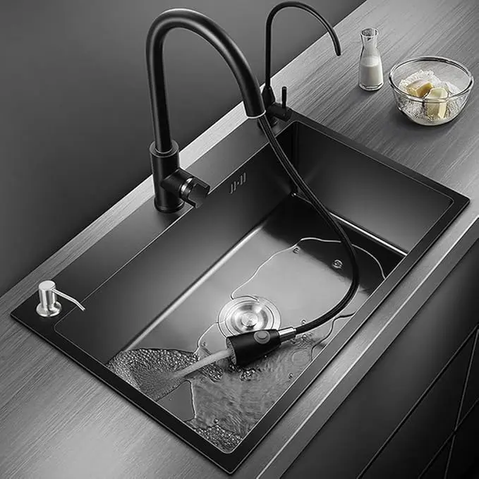 Black kitchen sink, stainless steel single bowl sink, undermount/top mount workstation sink, with sliding accessories, farmhouse workstation sink with multiple accessories (29.5 17.7 inches)