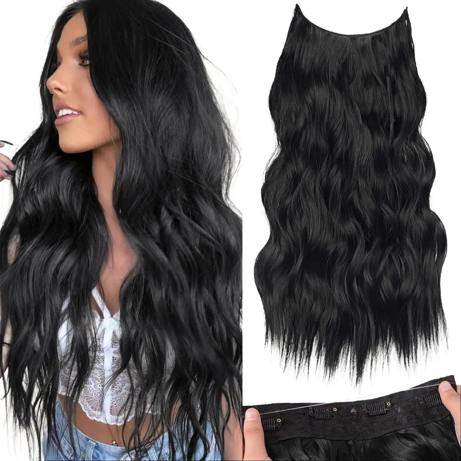 AISI HAIR Invisible Wire Waves Hairextensions Black  with Transparent Waves Hairpieces for Women, Long Curly Wavy 4 Secure Clips halo, Heat Resistant Synthetic Wiglets Hair Weave, Extensions Hair