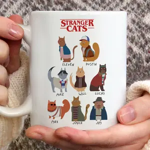 Stranger Cats Mug - Funny Stranger Coffee Cup - Eleven Dustin Mike Will Character Art - Upside Down Lover Gift