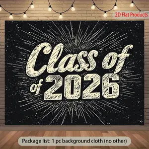 2D Flat Banner 1pc, Class of 2026 Graduation Banner Backdrop -  Durable with Striking White Font and Black Sparkling Stars - Graduation Party Decoration, Photo Booth Background, Photo Backdrops, Wall Decor for Indoor/Outdoor Events - No Electricity
