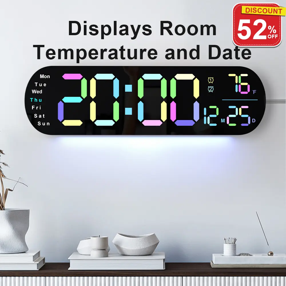 Black 13.7in Plastic Digital Wall Clock - Home Supplies, Home Decor with 9 RGB Color Changing LED Lights Nightlight, Auto Brightness, Remote Control, Dual Alarm Timer, 12/24H Mode, Temp Display, Elder-Friendly
