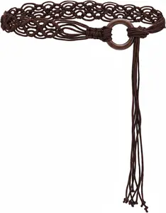 Women's Boho Woven Beaded Braided Belt - Long Tassel Rope Waist Belt for Dresses, Renaissance Style (Brown)