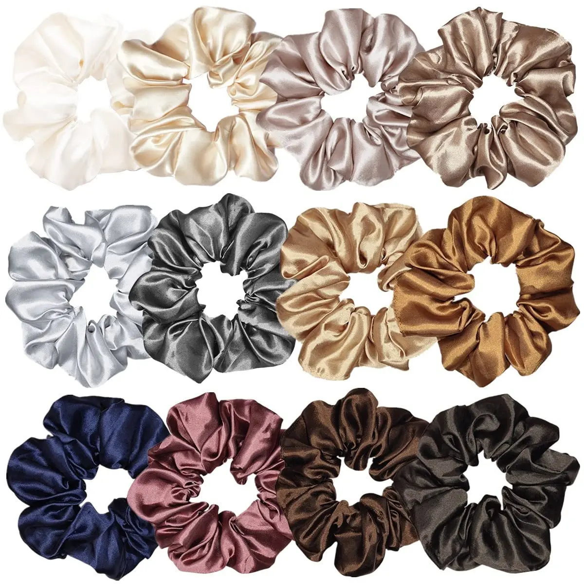 Women's 12-Pcs Bright Plain Cute Satin Silk Scrunchies, 4.5-In Soft Elastic Hair Bow Ropes, Fashion Ponytail Holders & Bracelet Hair Accessories