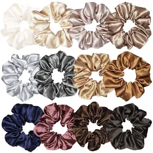 Women's 12-Pcs Bright Plain Cute Satin Silk Scrunchies, 4.5-In Soft Elastic Hair Bow Ropes, Fashion Ponytail Holders & Bracelet Hair Accessories