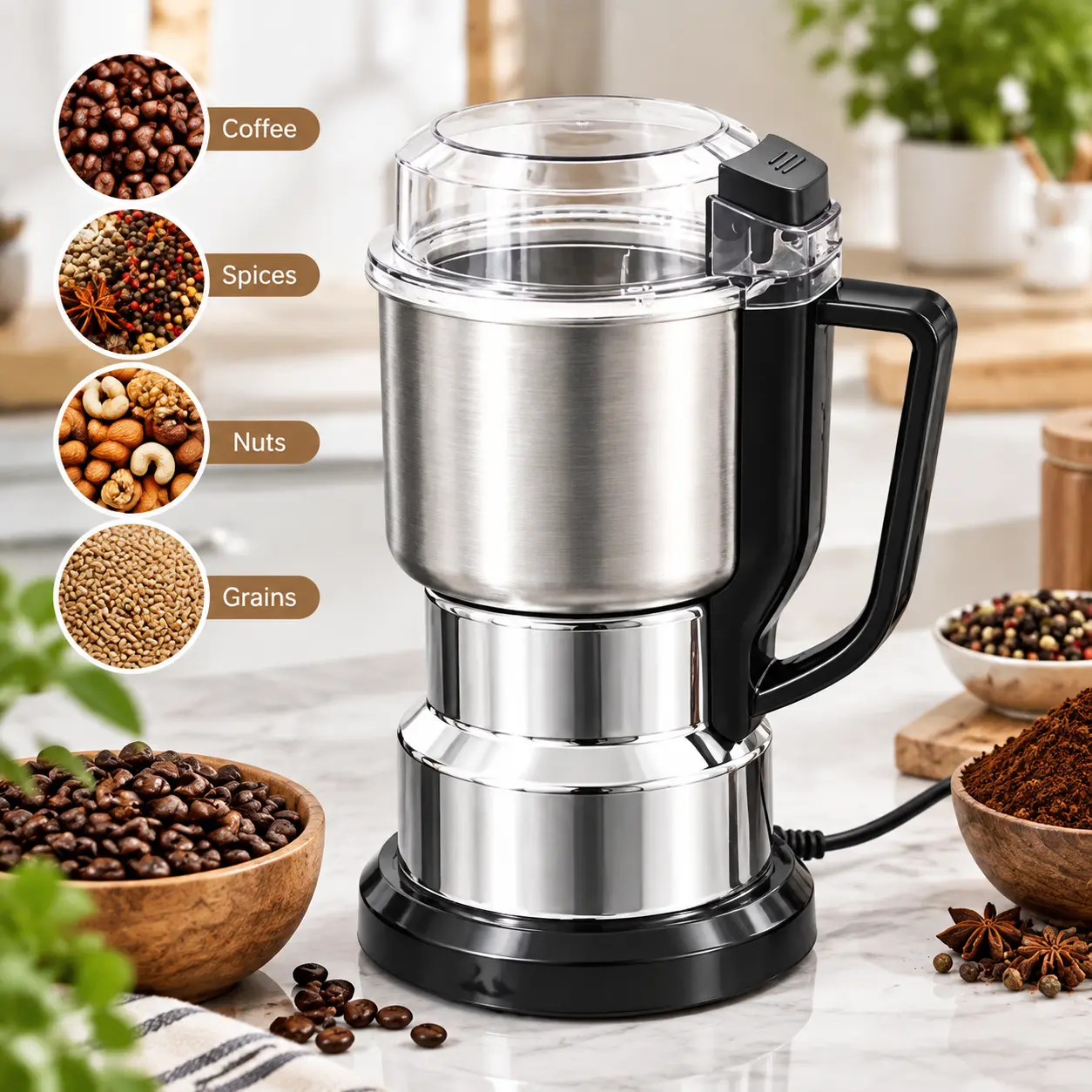 Springtok 300W Electric Coffee Grinder, High Power Stainless Steel Blade Coffee Bean Grinder for Espresso, Fresh Ground Coffee, Spices & Nuts, Kitchen Appliance for Home Use