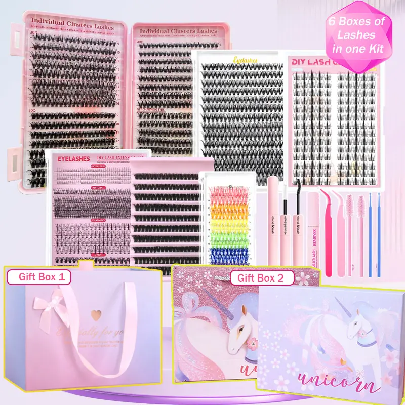 6-Kit Gift Set, Individual, Fluffy & Faux False Eyelashes, Diy Dramatic Lashes, Eyelash Clusters with Lash Applicators, Three Styles: Natural, Thick, with Lash Bond, Seal, Remover, Tweezers, Brush & Swabs, 1 Box Meets All DIY Needs, Fake Eyelashes