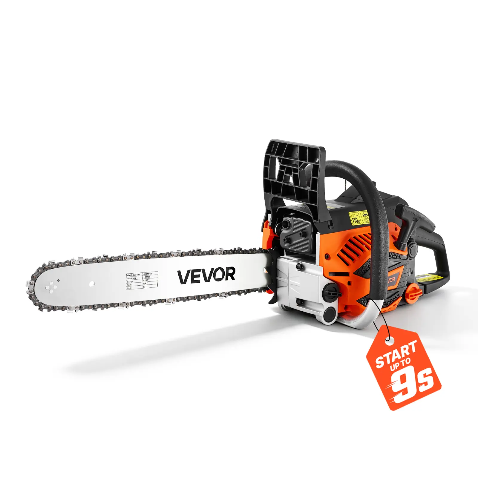 VEVOR 40CC Gas Powered Chainsaw - 16 in, 1.75HP 2-Stroke Engine, Throttle-Sync Choke, Non-Slip Handle, Dual Tanks for Wood Cutting & Tree Trimming