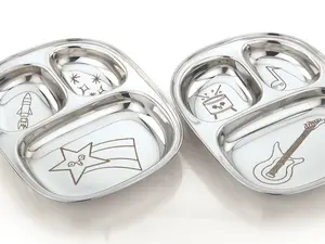 Busy Benny  Stainless Steel Divided Plate Set.  Our divided plates are sure to surprise and delight your kiddo during meal times as they uncover cute designs under each food.  Made from the highest quality food grade 204 Stainless Steel. Dishwasher safe.