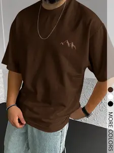 Men's Brown Short Sleeve Crewneck Streetwear T-Shirt with Minimalist Mountain Embroidery and Comfort Fit, Casual Tee for Daily Wear and Outdoor Activities