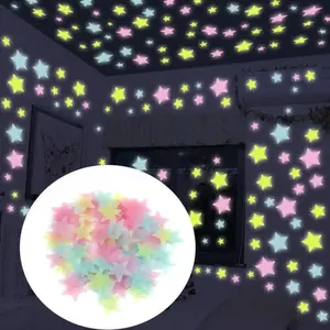Glow-In-The-Dark Star Wall Stickers, 100 Pieces, Colorful Fluorescent Plastic Decals, 3cm/1.18inch Ceiling Decor, Random Colors, Wall Art Stickers
