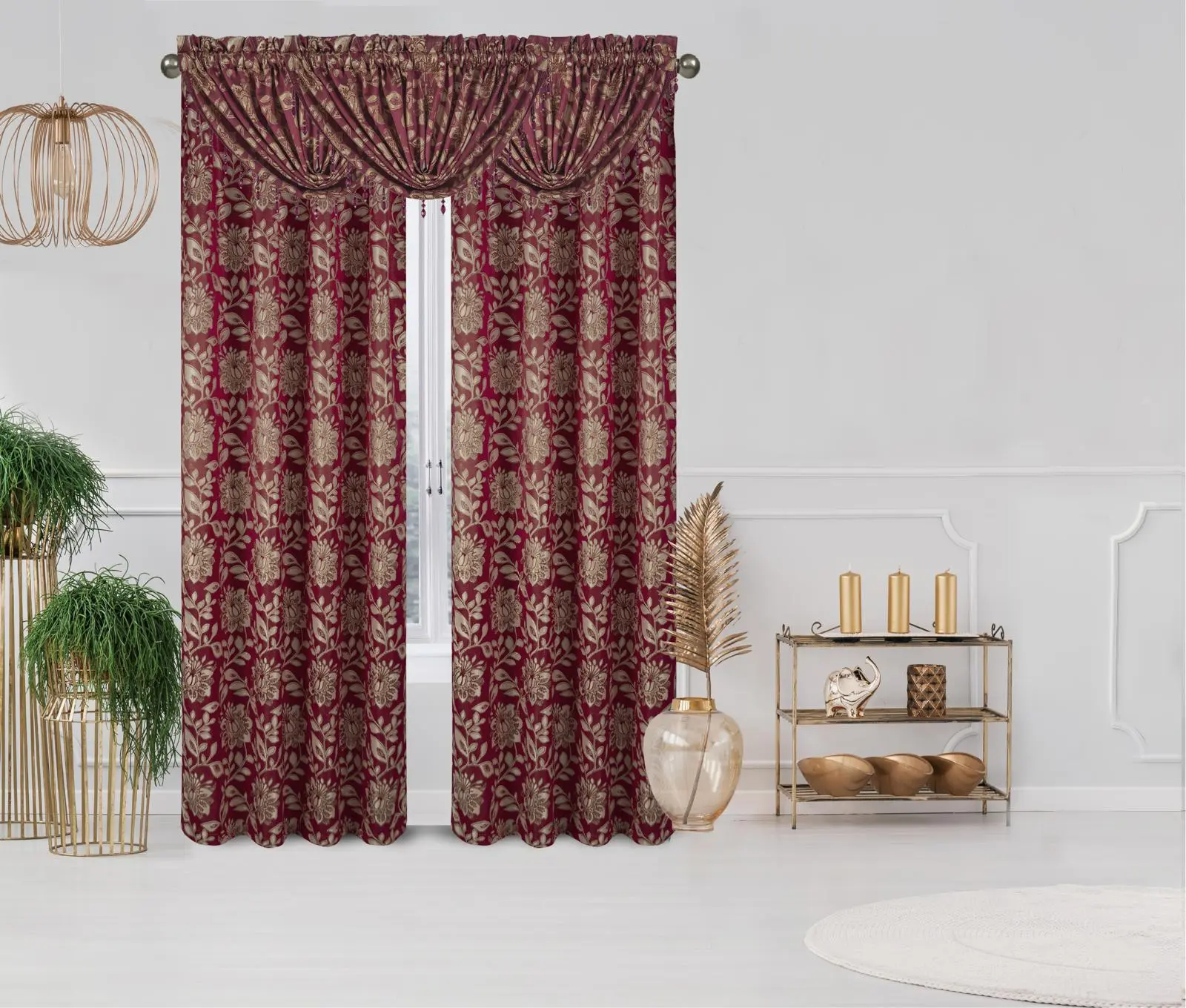 Magnolia 5-Piece Luxury Curtain Set With Waterfall Valances | Burgundy, Blue & Brown