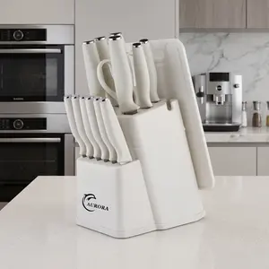 XBJ 15-Piece Stainless Steel Cutlery Set with Built-in Sharpening Tool, Japanese Meat Chopper, Bread Blade, Scissors, Washable Blush Pink Silicone Block for Home Kitchen Use
