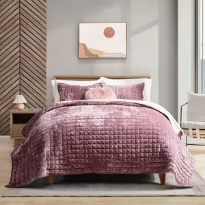 Luxury Velvet Set Full Queen Size, Lightweight Velvet Comforter Set, Oversized Bedspread Coverlet Quilted Bedding Set, with 2 Matching Pillow Shams, for All Season, Dusty Mauve Pink