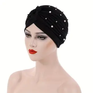 Faux Pearl Rhinestone Decor Turban Solid Color Pleated Head Wraps Elastic Beanies Ramadan Headscarf Chemo Cap For Women