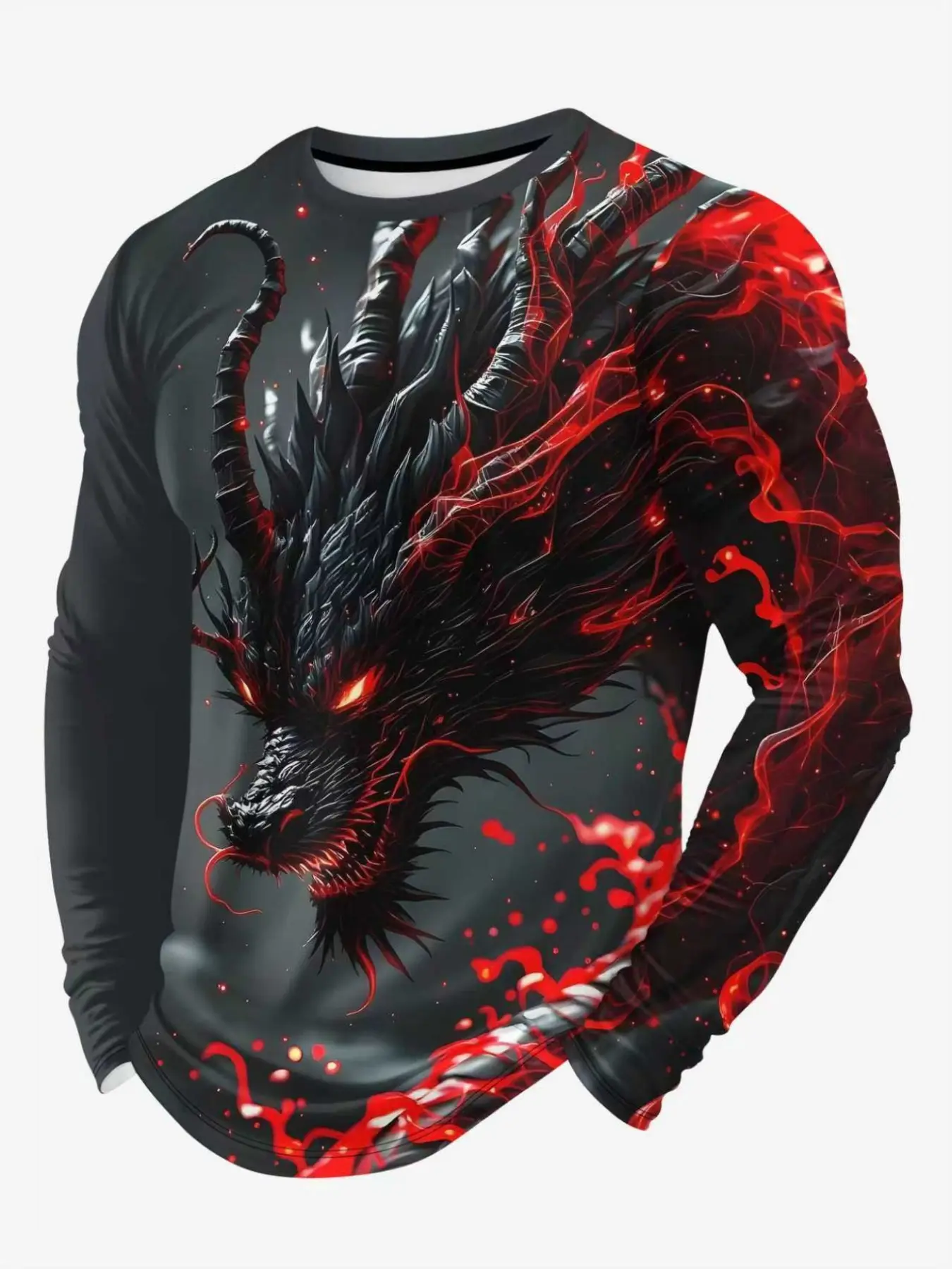 Trendy Stylish men's long-sleeved T-shirt with dragon print, Bold Edgy Style, versatile crew neck pullover, streetwear, men's top, Casual Fashion Clothing