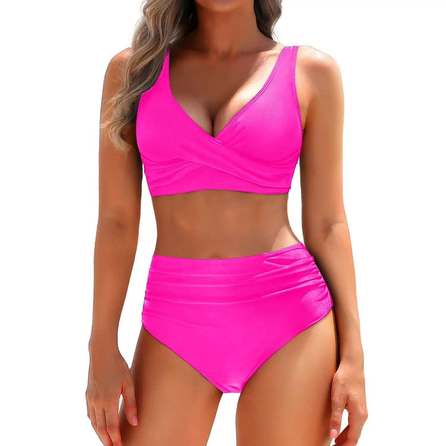 Yonique Women's Two Piece High Waisted Bikini Set Tummy Control Swimsuit Full Coverage Bathing Suit Criss Cross Bikini Top Twist Front Bikini Top with
