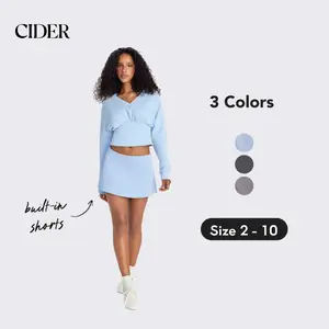 Cider CDR Ruched V Neck Pullover & Sporty Mini Skirt, Comfortable Stretchy Sporty Outfit, Sweetheart Summer Sporty Wear for Sports and Daily Casual Wear, Lady Sporty Built-in Shorts Mini Skirt with Pockets