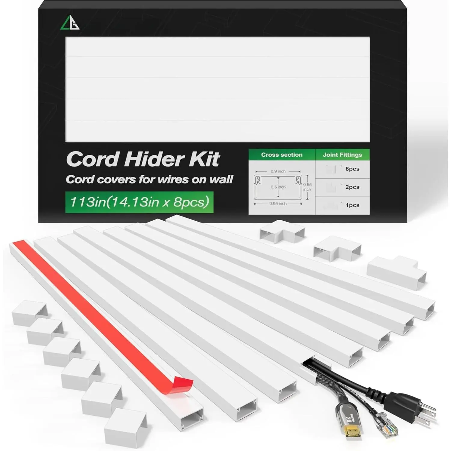 Cord Hider Kit, 113in Cord Covers for Wires  Wall, Paintable Self-Adhesive  Raceway, Wire Covers for Wall Mount TV &  Office  Management, W0.95in H0.55in, White
