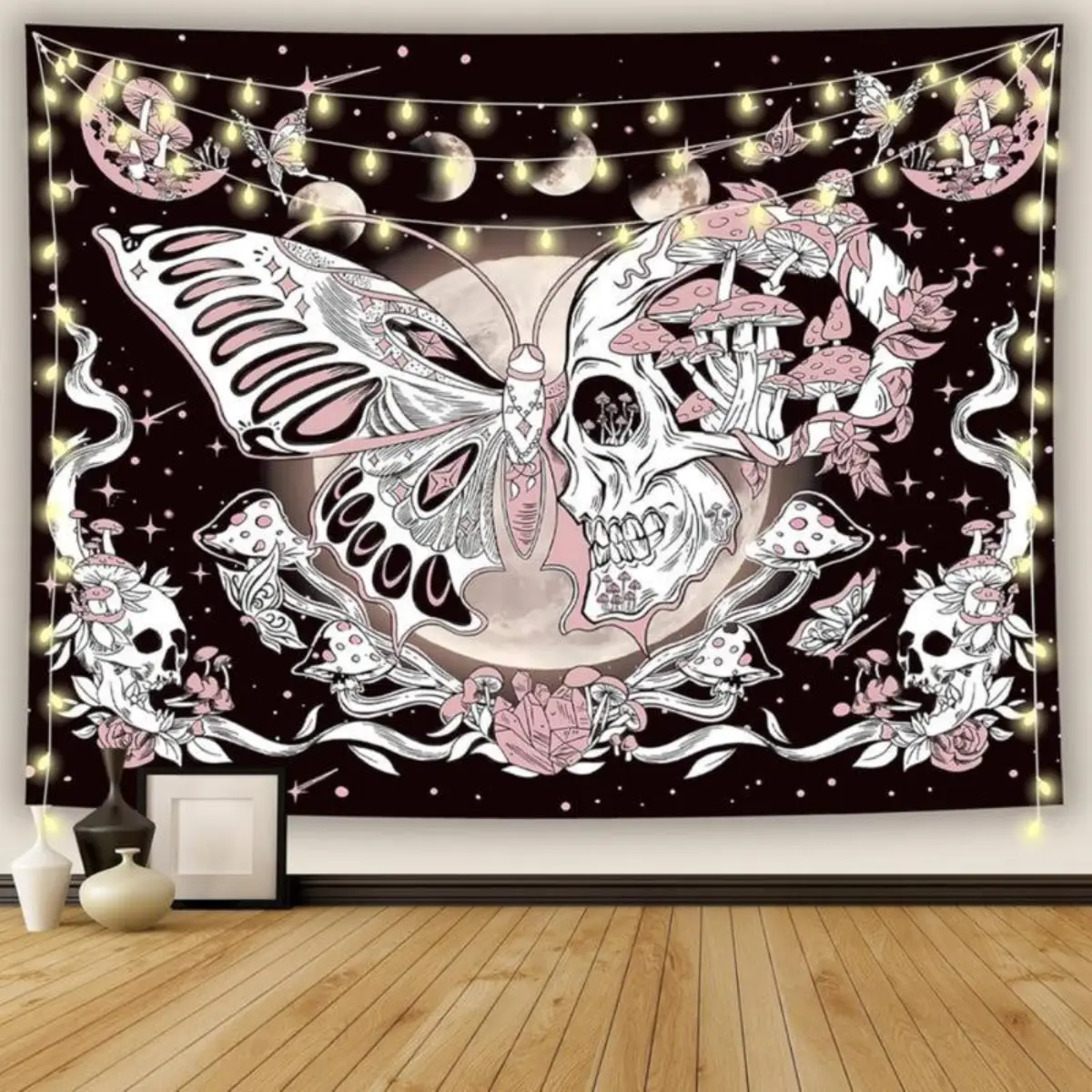 Pink Moon Phase Butterfly Tapestry Wall Art Hanging decor  Decoration Decorative father's day gifts,gifts boyfriend,gifts for girl adults,gifts under 100 dollars,cheap stuff,bathroom accessories,graduation gifts,whimsical home decor,y2k room Flower T