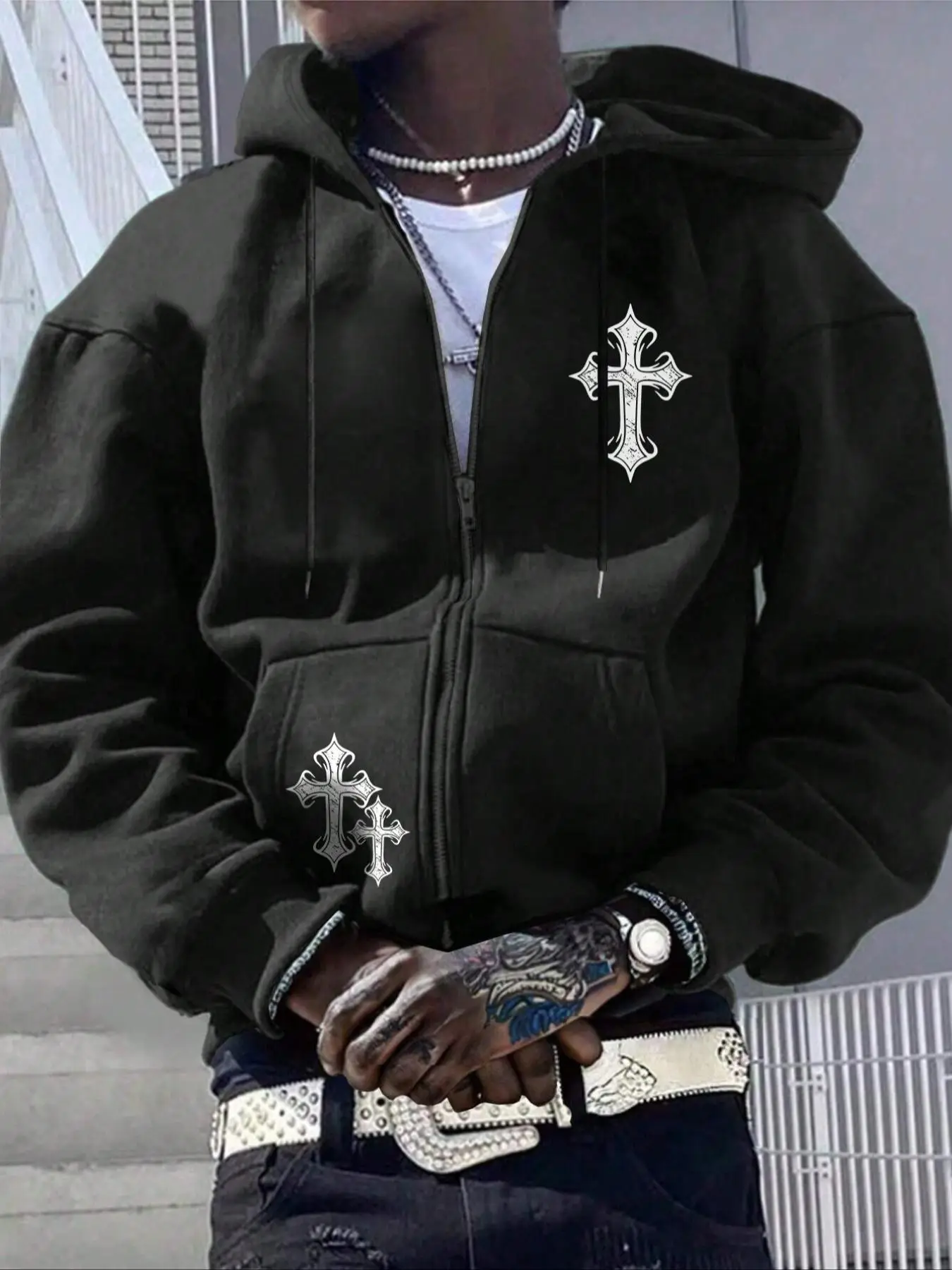 Men's Cross Print Drop Shoulder Zip Up Hoodie, Fashion Casual Regular Fit Drawstring Pocket Hooded Sweatshirt for Daily Holiday Outdoor Wear, Men Clot