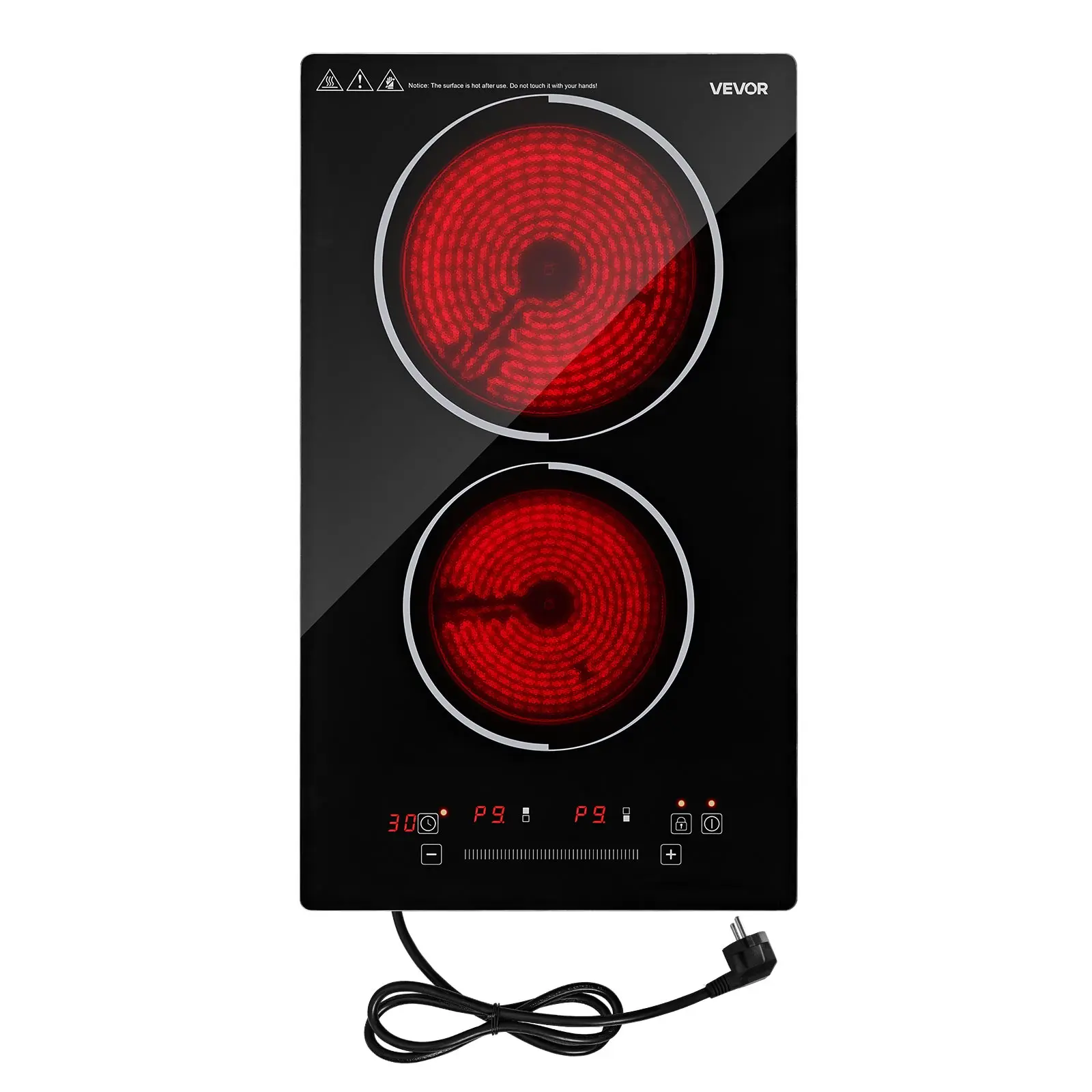VEVOR 12-Inch 2-Burner Portable Radiant Electric Cooktop, 1800W 120V Radiant Heat Stove, Ceramic Countertop/Built-In, 9 Power Levels, Timer, Child Lock, Over-Heat Guard, Touch Control