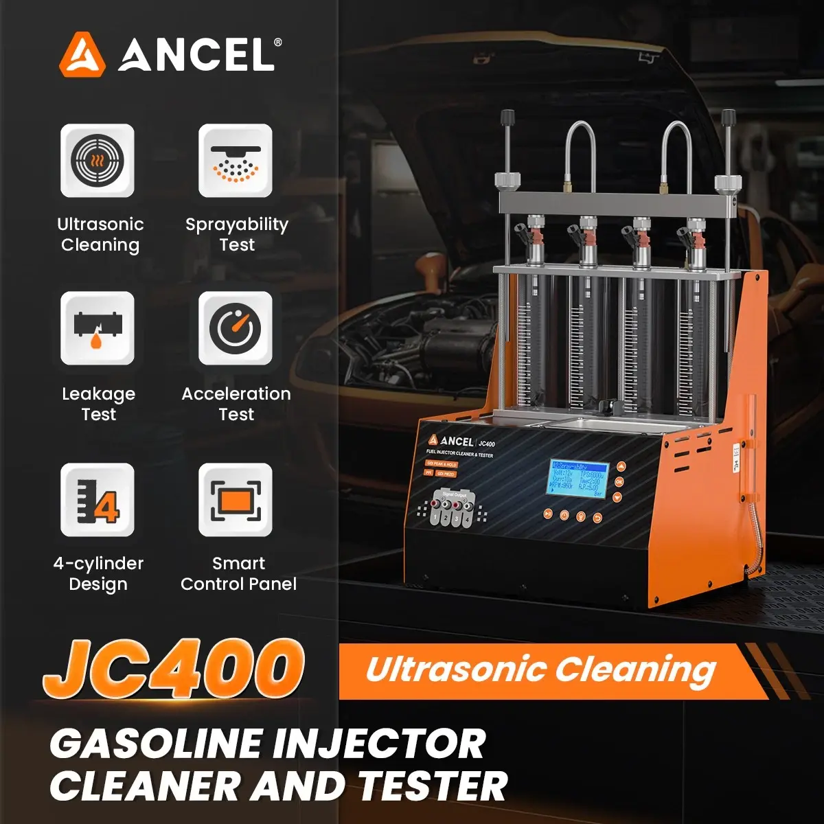 【Upgrade ANCEL JC200】ANCEL JC400 4-Channel Fuel Injector Cleaner & Tester | ULTRASONIC CLEANING | GDI & Piezo Supported for Cars & Motorcycles