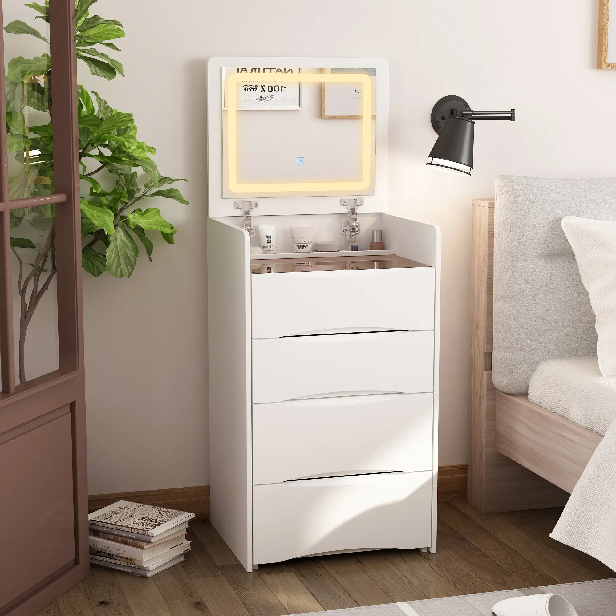 MIDHAM Makeup Vanity Desk with Lighted Flip-Up Mirror, 18.3”W Dressing Table with 3 Drawers, Shelves & Cushioned Stool