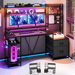 Sikaic 65 Inches Reversible LED Light Gaming Desk With Hutch Power Outlets Monitor Stand 2 Drawers 4 Shelves Pegboard 8 Hooks Mouse Pad Furniture Storage