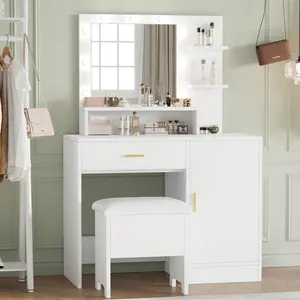 Vanity Desk, Makeup Vanity Desk with Mirror & 9 LED Light Bulbs, 5 Large Drawers and 3 Tiers of Open Shelves for Bedroom