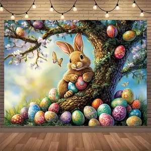Large Easter Bunny Egg Spring Photography Backdrop, Cherry Blossoms & Grass, Ideal for Easter Egg Hunt, Baby Shower, Home Decor