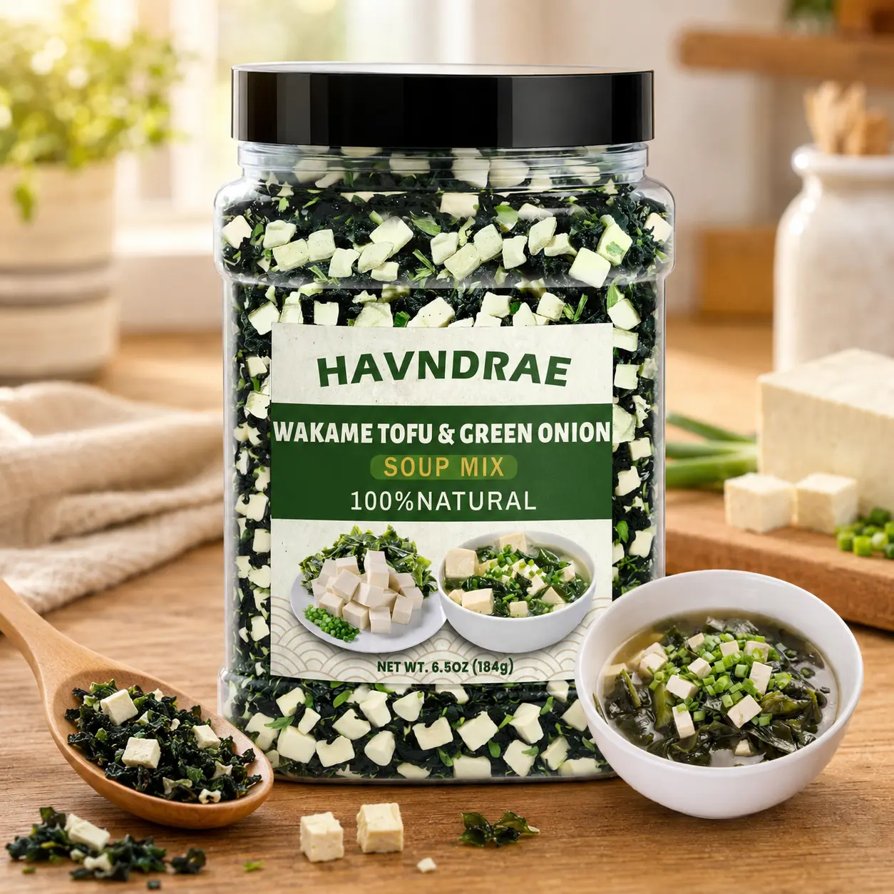6.5oz Dried Miso Soup Mix - Instant Dried Wakame Seaweed, Tofu & Green Onion Mix, Vegan Soup Toppings, Quick-Soak Japanese Broth Add-In for Ramen, Udon, Noodles, Stews & Camping Meals