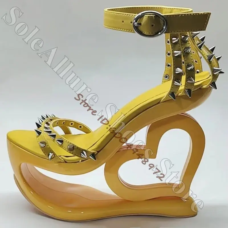 Patent Metal Spike Stud Heart Wedge Sandals Open Toe Multi Straps Buckle Ankle Strap Heels Gothic Ladies Unique Sexy Sandals