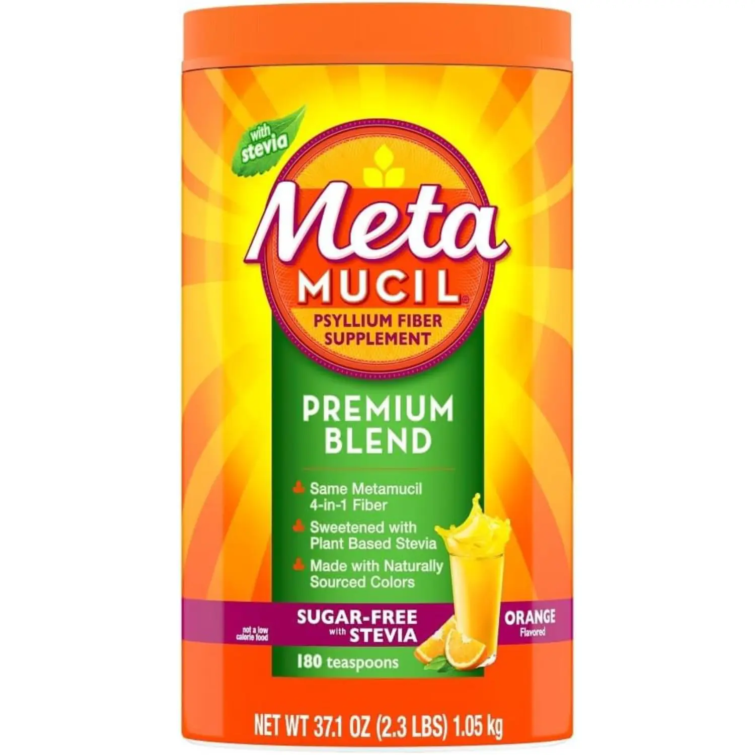 4 in 1 Psyllium Husk Fiber Supplement for Digestive Health Sugar Free with Stevia Plant Based Fiber Powder Orange Flavor 180 Teaspoons