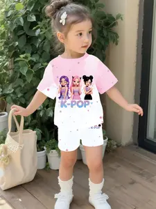 Pink-purple soda can baby girl's set with digital printing, 100% polyester baby short-sleeve set, Summer outfits set, suitable for daily wear and outdoor sports