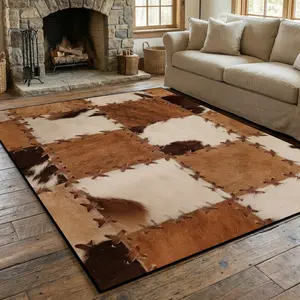 Vintage faux fur pattern rug, 1 count Living room rug, brown patchwork pattern rug, machine washable, non-slip, low-pile. Suitable for living room, bedroom, dining room, home office. Printed Decorative rug enhances home décor, easy to clean.