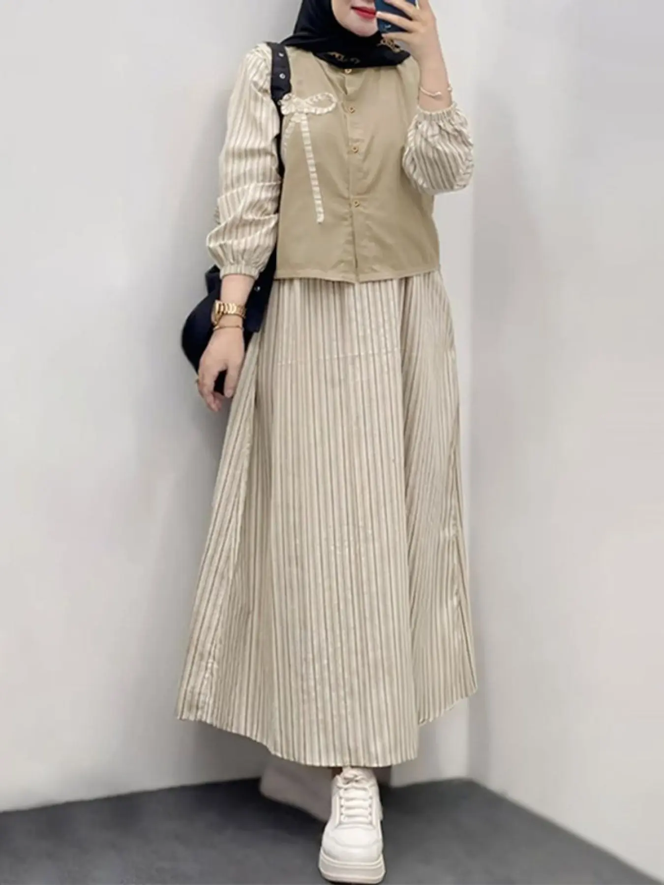 Women's Loose Colorblock Midi Dress, Round Neck Long Sleeve Patchwork Striped Design, Casual Daily Wear, All Seasons, Cute Style, Tunic Dress, Dress For Daily