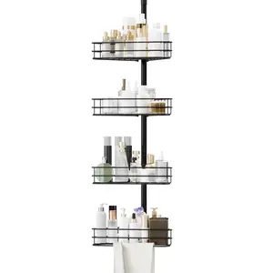 Garvee Adjustable Corner Shower Caddy Tension Pole, 76-110 in, 4-Tier Bathroom Organizer Shelves with Built-In Towel Bars, Space-Saving Black Rustproof Design