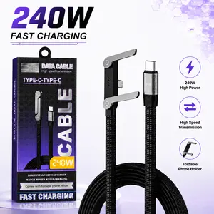 240W Fast Charging Type‑C to Type‑C Cable with Built‑in 360° Rotatable Foldable Phone Stand Connector, 90° Elbow Gaming Charger Cable, Nylon Braided High‑Speed Data Transfer Cord for Phones & Laptops