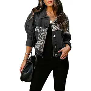 Oversized Denim Jacket Leopard Print Jean Jacket Button Down Jean Coat with Pockets