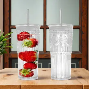 Bandesun All Glass Iced Coffee Cup With Lids and Straws,24 OZ High Borosilicate Glass Tumbler for Water Smoothie Juice Drinks Mug Drinkware