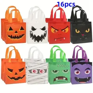 16 Halloween Cartoon Printed Non-Woven Gift Bags with Handles, Reusable and Waterproof Party Bags for Birthdays, Retail Shopping and Gift Wrapping